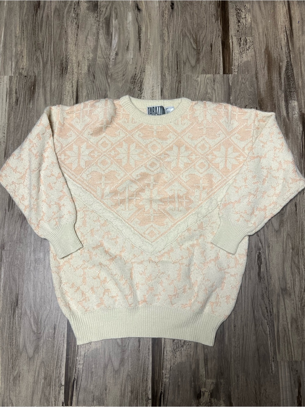 Vintage 90s Tarazzia Geometric Knit Sweater Cream Peach Diamond Size M
